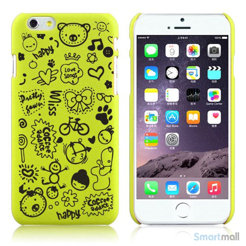 Soedt cover til iPhone 6, dekoreret med smaa cartoons - Gul-Groen