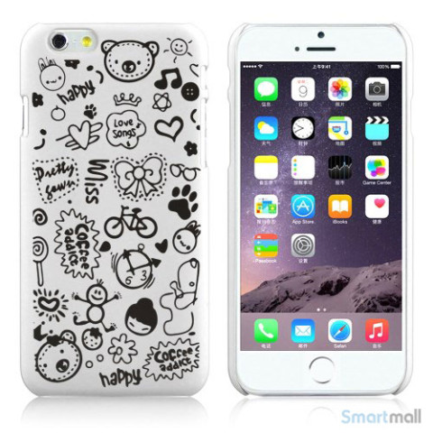 Soedt cover til iPhone 6, dekoreret med smaa cartoons - Hvid