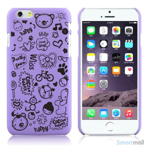 Soedt cover til iPhone 6, dekoreret med smaa cartoons - Lilla