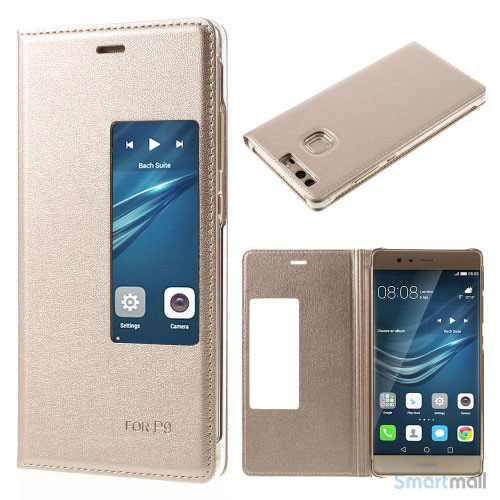 Huawei P9 flip-cover i læder m/vindue-touch - Guld