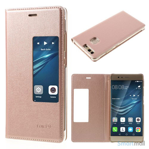 Huawei P9 flip-cover i læder m/vindue-touch - Rose guld