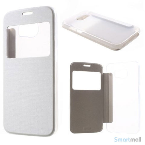 Læderfolie cover m/vindue & plastik bagside til Samsung Galaxy S6 G920 - Hvid