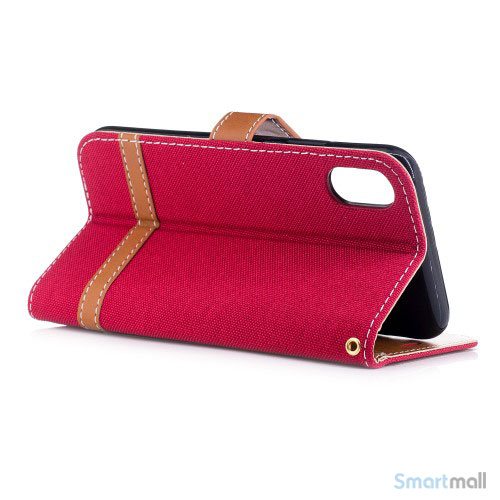 iPhone X/10 Jean Cloth læderpungs cover i lækkert materiale - Rød - standcover
